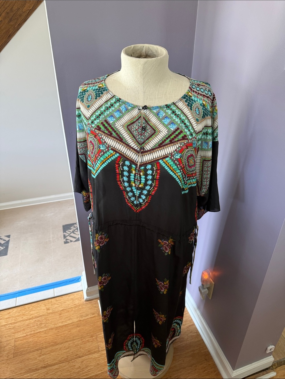 Johnny Was Black Midi Dress with Multicolor Turquoise & Red Embellished Yoke